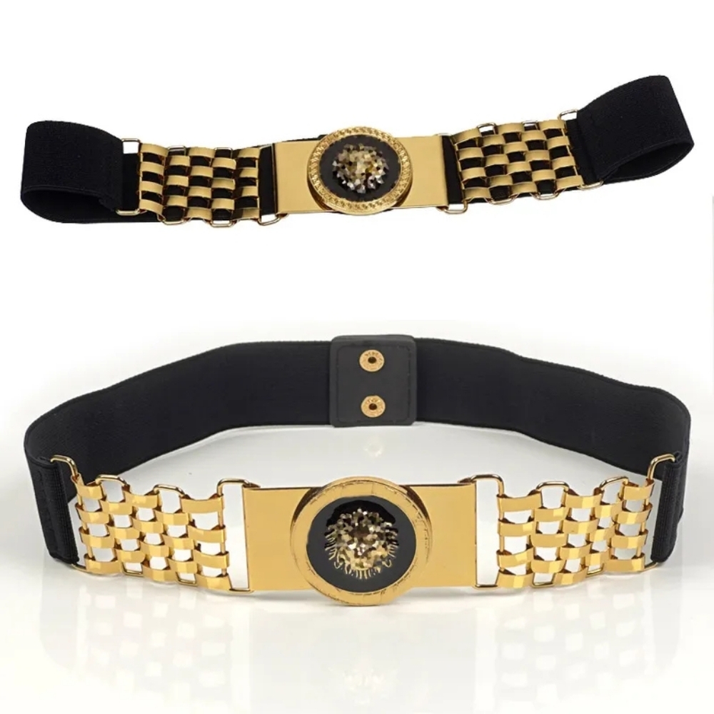 Gold and Black Stretch Belt with Decorative Buckle